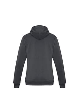 A dark grey women's crew hoodie with a hood and long sleeves, featuring a logo on the back.
