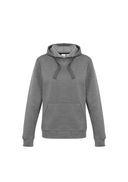 A women's crew hoodie in grey featuring a hood and front pocket, with a logo present.