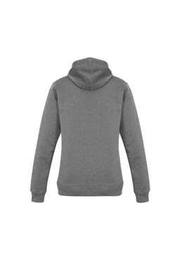 A grey women's crew hoodie featuring a hood and long sleeves, with a branded logo on the back.