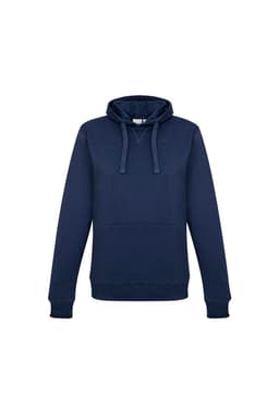 A navy women's crew hoodie featuring a front pocket and a drawstring hood, with a logo on it.