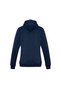 A navy women's crew hoodie featuring a hood and long sleeves, with a logo on the back.