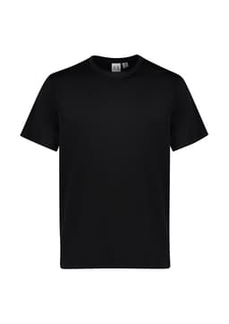 A black short sleeve tee featuring a simple design and a logo on the label. Suitable for kids.