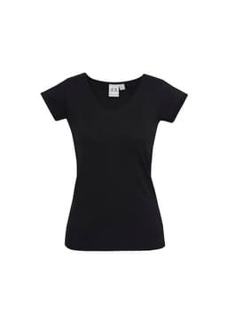 A black women's short sleeve tee with a V-neck design and a fitted silhouette. It features a logo.