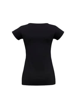 A black women's short sleeve tee, featuring a fitted design and a simple style. Includes a logo on the back.