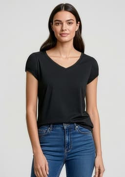 A black short sleeve women's tee with a V-neck design, styled with fitted jeans. It features a logo.