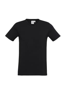 A black short sleeve tee with a V-neck design and a tag inside, featuring a logo.