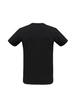 A black men's short sleeve tee with a classic cut, featuring a logo on the back.