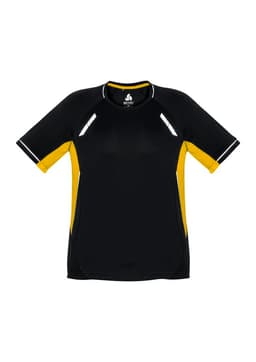 A short sleeve tee in black and yellow, featuring a sporty design and reflective accents, with a logo on the chest.
