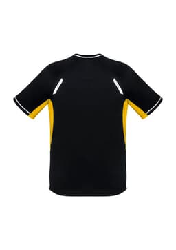 A black and yellow short sleeve tee with reflective accents and a logo.
