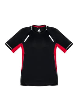 A black and red kids' short sleeve tee featuring contrasting sleeves and a logo. Ideal for active wear.