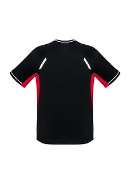 A short-sleeve tee in black with red accents and reflective details, featuring a logo on the design.