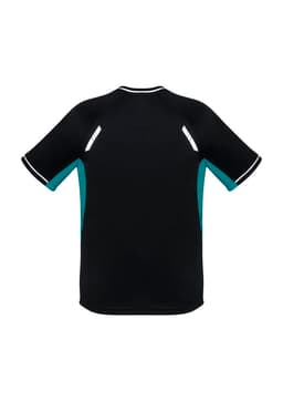 A black short sleeve tee with turquoise accents and reflective details on the shoulders, featuring a logo.