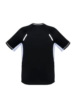 A black short sleeve tee for kids with light blue accents and reflective details. Features a logo on the back.