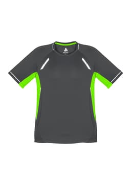 A short sleeve tee in grey with bright green detailing and reflective accents, featuring a logo.