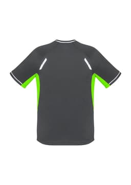 A short sleeve T-shirt in grey with bright green accents and reflective detailing on the back. It has a logo.