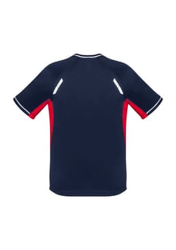 A navy blue short sleeve tee with red accents and reflective details on the shoulders. It features a logo.