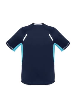 A navy blue short sleeve tee with light blue accents and reflective details, featuring a logo on the back.