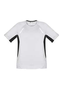 A short sleeve tee in light grey with black accents and reflective details, featuring a logo on the front.