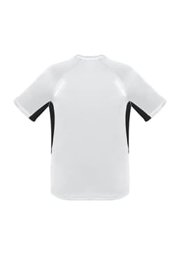 A short sleeve tee in white with black side panels, featuring a logo on the back.