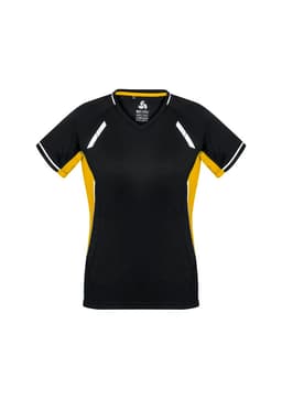 A black and yellow women's short sleeve tee with contrasting side panels and reflective detailing. It features a logo.