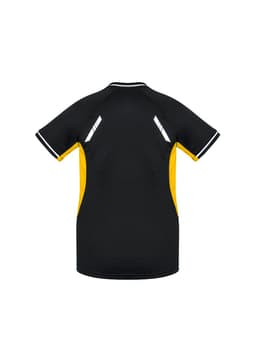 A women's short sleeve tee in black with yellow accents and a logo. Features a sleek design with contrasting colours.