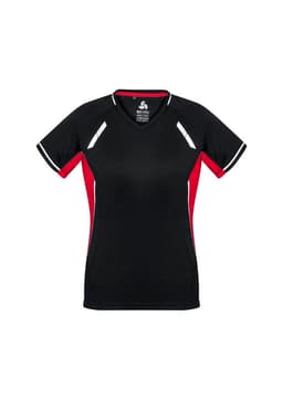A black and red short sleeve tee with a v-neck and contrasting side panels, featuring a logo.