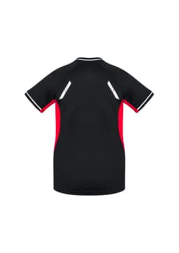 A black and red short sleeve tee with a logo, featuring a sporty design and contrasting panel details.