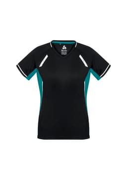 A black and teal women's short sleeve tee with a v-neck design and white accents, featuring a logo.