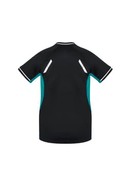A black women's short sleeve tee with turquoise side panels and a logo.