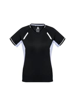 A women's short sleeve tee in black with white accents, featuring a logo on the front.