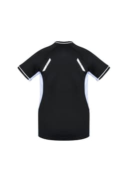 A black women's short sleeve tee featuring blue accents and a logo on the back.