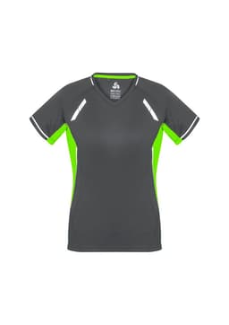 A women's short sleeve tee featuring a grey body with bright green accents and reflective stripes. It has a logo.