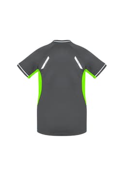 A short sleeve tee in grey with neon green accents and reflective detailing, featuring a logo.