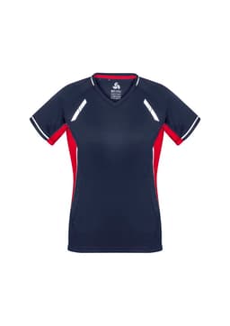 A navy and red women's short sleeve tee featuring a V-neck and reflective details, with a logo on the collar.