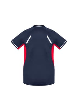 A short sleeve tee in navy with red accents and a branding logo on the back.