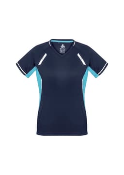 A women's short sleeve tee in navy blue with light blue accents and a logo.