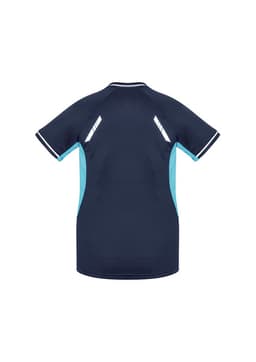 A navy blue women's short sleeve tee with light blue accents and a logo. Features sporty design details on the back.