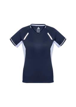 A navy blue women's short sleeve tee with white accents and a logo. Designed for comfort and style.