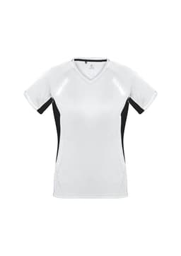 A short sleeve women's tee in white with black sides, featuring a logo on the chest.