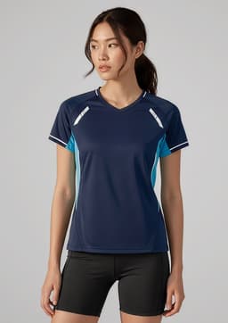 A navy blue short sleeve tee with turquoise accents and a logo, featuring a sporty design and a comfortable fit.