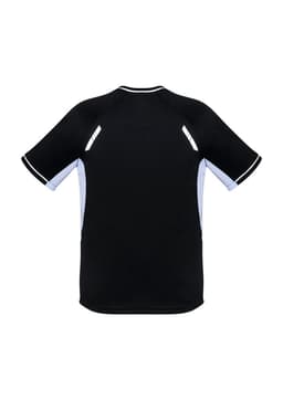A black short sleeve tee with light blue accents and reflective details, featuring a logo.