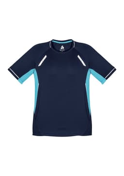 A navy blue short sleeve tee with light blue accents and reflective detailing. It features a branding logo.