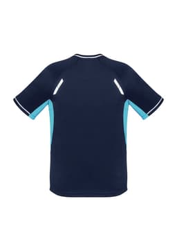 A navy blue short sleeve tee with light blue accents and reflective detailing, featuring a logo.