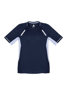 A navy blue short sleeve tee featuring contrasting light blue side panels and a logo on the neckline.