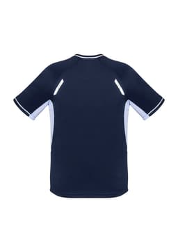 A navy blue short sleeve tee with contrasting light blue details and reflective accents. Features branding.