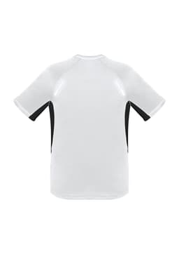 A short sleeve tee featuring a white body with black accents and a logo on the back.