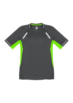 A short sleeve tee in charcoal grey with vibrant lime green accents and reflective detailing, featuring a logo.