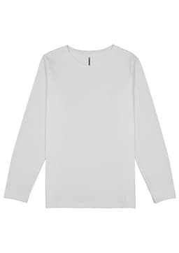 A long-sleeve white t-shirt featuring a simple design and a brand logo.