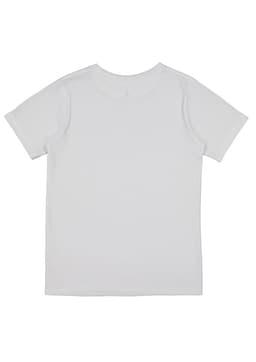 A white short sleeve tee for kids, featuring a simple design and a logo on the back.