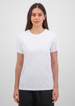 A white short sleeve t-shirt for women, displayed on a model against a neutral background. Features a logo.